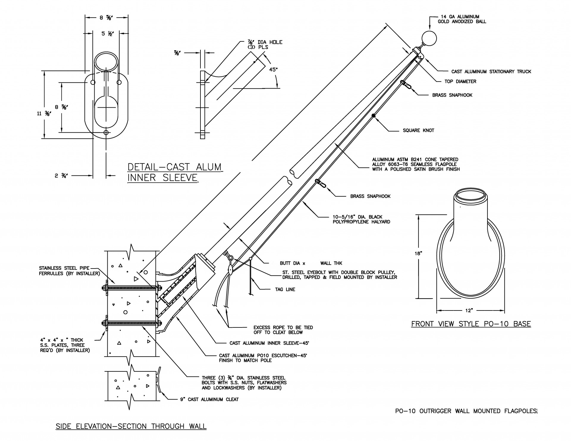 PO-10 Outrigger Wall Mounted Flagpole Drawing