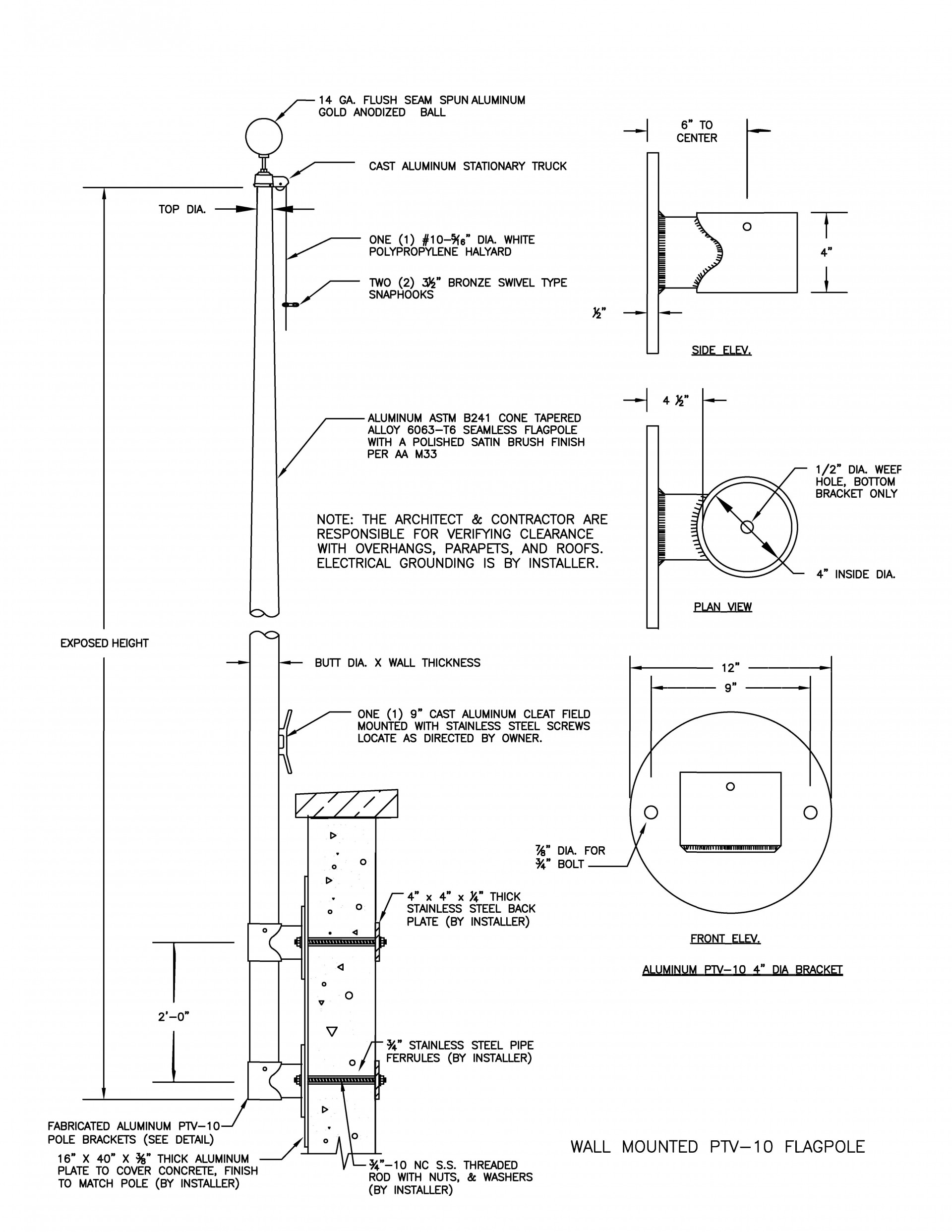 PTV-10 Vertical Wall Mounted Flagpole Drawing