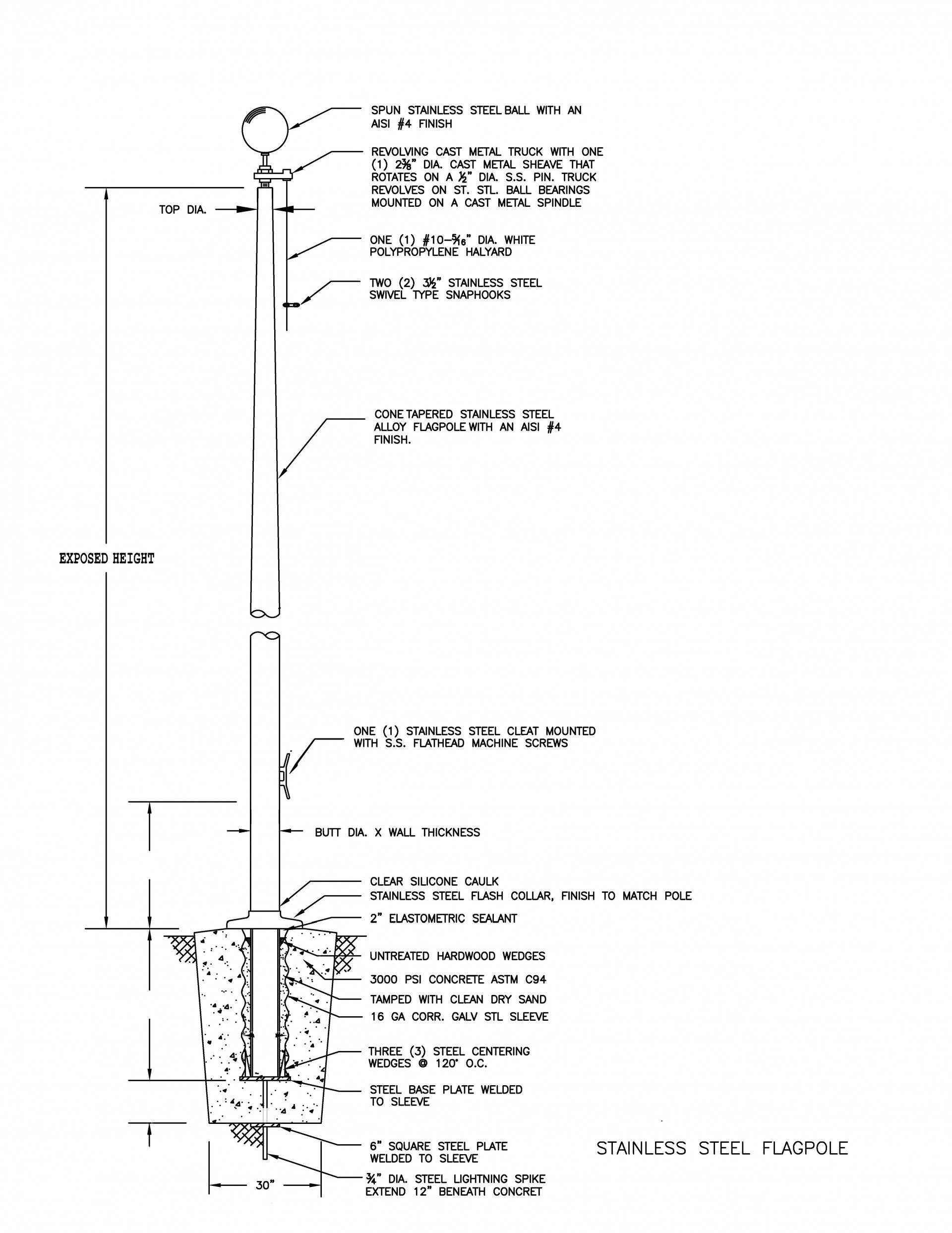 Stainless Steel Ground Set Flagpole Drawing